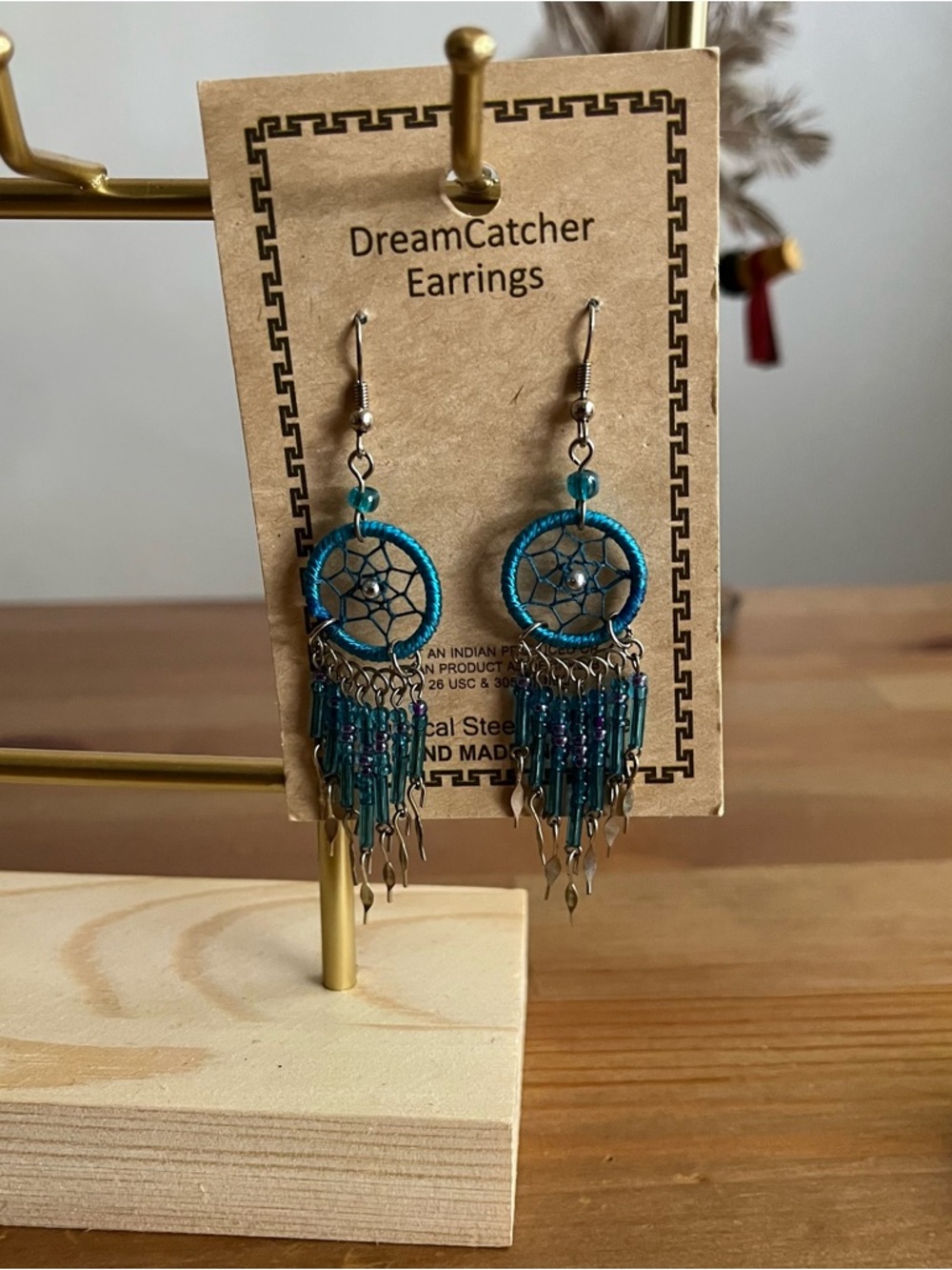 Dreamcatcher blue earrings surgical steel handmade Peru women's jewelry native - Picture 3 of 6